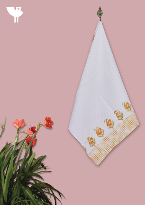 Handloom Cotton Hand Towel With Block Print Border